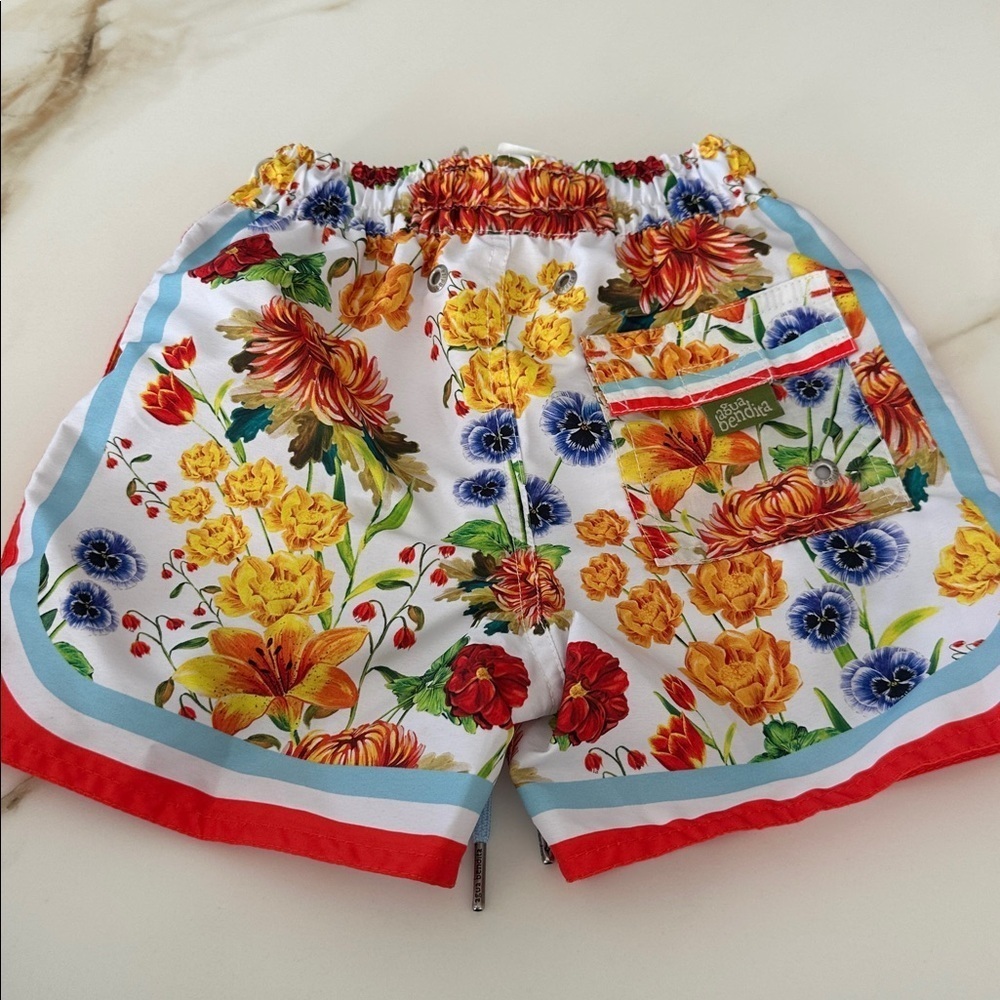 Agua Bendita Floral Swim Shorts with Orange Trim - Picture 5 of 5